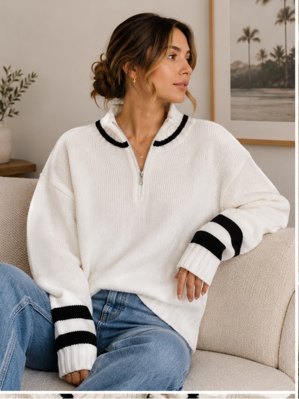 White Quarter-Zip Knit Pullover Sweater with Black Stripe Oversized Fit NWT XL